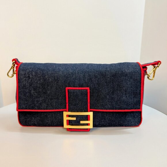 Fendi Blue Denim and Red Trim Baguette Bag with Two Straps - Picture 1 of 16